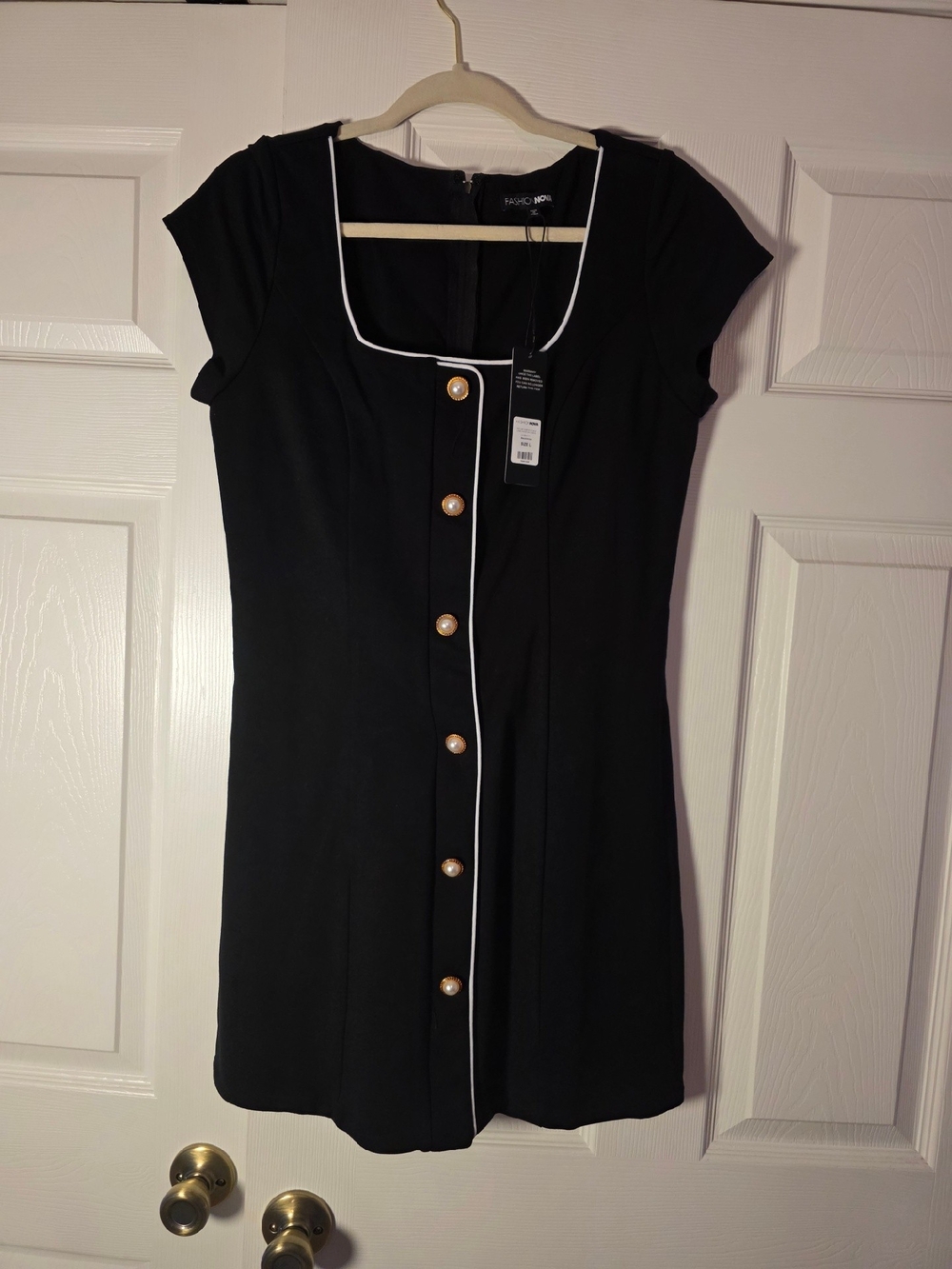 Fashion Nova Black Dress with White Piping and Gold Pearl Buttons - Picture 2 of 8